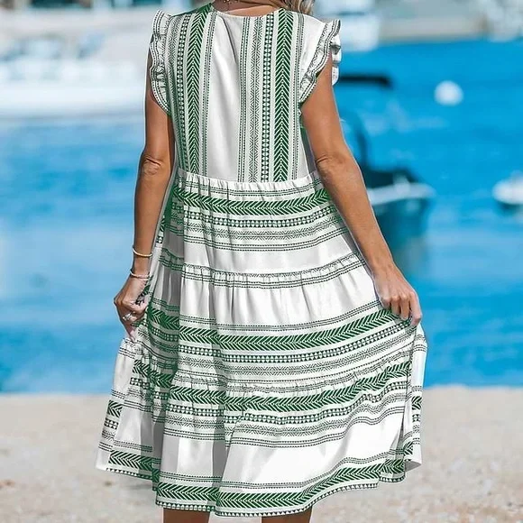 Green and White Striped Summer Midi Dress - Picture 2 of 5